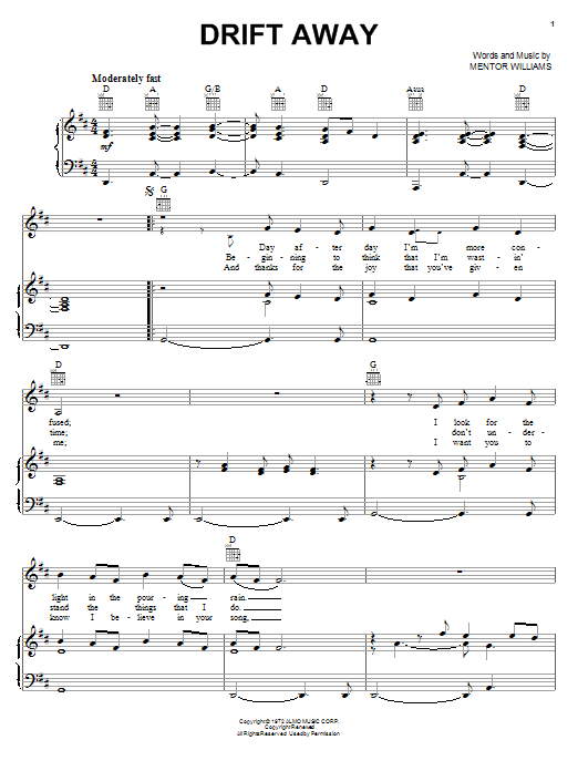Preview Uncle Kracker Drift Away Rock sheet music, notes and chords for Piano, Vocal & Guitar (Right-Hand Melody), SKU: 19528 sheet music, piano notes, chords, guitar tabs, score, transpose, transcribe, how to play, guide, download, learn, tutorial, progression, song, artist, awards, billboard, mtv, vh1, tour, single, album, release