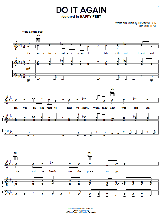 Preview The Beach Boys Do It Again Rock sheet music, notes and chords for Piano, Vocal & Guitar (Right-Hand Melody), SKU: 19529 sheet music, piano notes, chords, guitar tabs, score, transpose, transcribe, how to play, guide, download, learn, tutorial, progression, song, artist, awards, billboard, mtv, vh1, tour, single, album, release