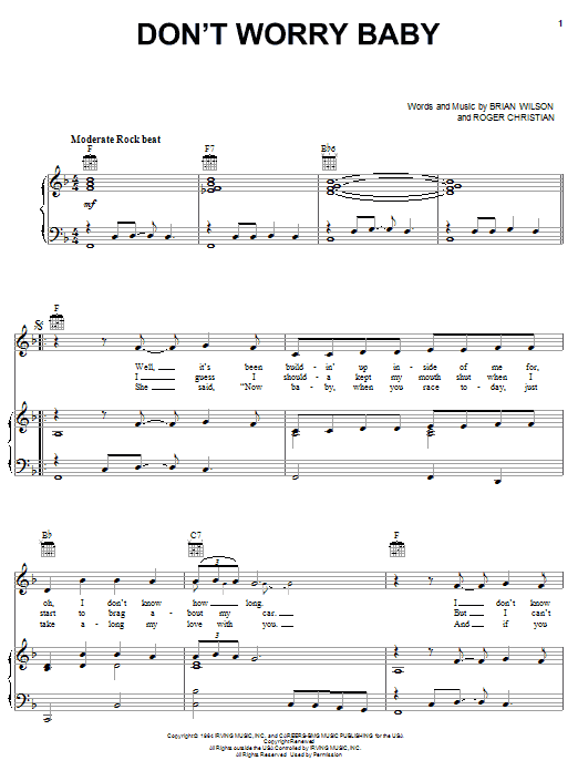 Preview The Beach Boys Don't Worry Baby Rock sheet music, notes and chords for Piano, Vocal & Guitar (Right-Hand Melody), SKU: 19531 sheet music, piano notes, chords, guitar tabs, score, transpose, transcribe, how to play, guide, download, learn, tutorial, progression, song, artist, awards, billboard, mtv, vh1, tour, single, album, release