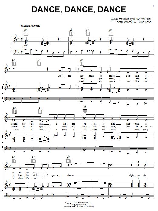 Preview The Beach Boys Dance, Dance, Dance Pop sheet music, notes and chords for Piano, Vocal & Guitar (Right-Hand Melody), SKU: 19532 sheet music, piano notes, chords, guitar tabs, score, transpose, transcribe, how to play, guide, download, learn, tutorial, progression, song, artist, awards, billboard, mtv, vh1, tour, single, album, release