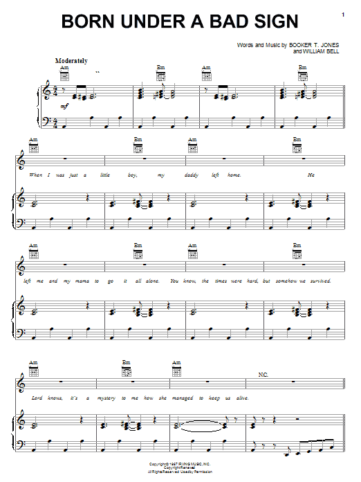 Preview Albert King Born Under A Bad Sign Pop sheet music, notes and chords for Piano, Vocal & Guitar (Right-Hand Melody), SKU: 19537 sheet music, piano notes, chords, guitar tabs, score, transpose, transcribe, how to play, guide, download, learn, tutorial, progression, song, artist, awards, billboard, mtv, vh1, tour, single, album, release