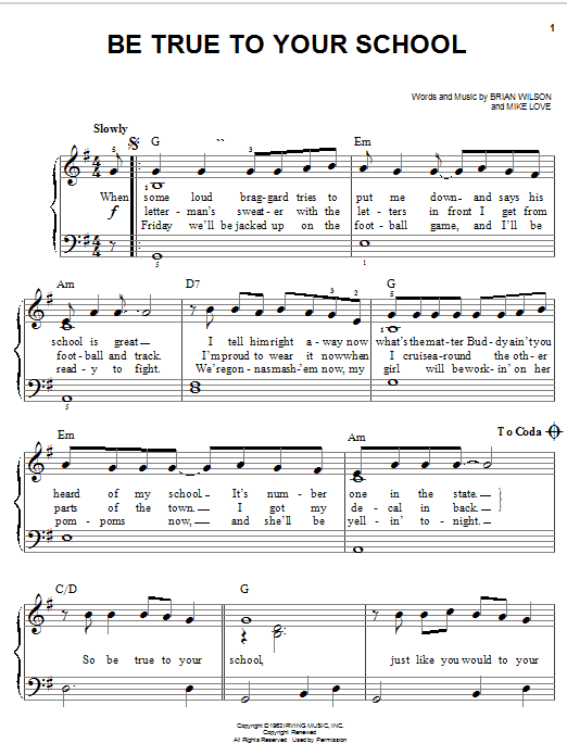 Preview The Beach Boys Be True To Your School Rock sheet music, notes and chords for Easy Piano, SKU: 19538 sheet music, piano notes, chords, guitar tabs, score, transpose, transcribe, how to play, guide, download, learn, tutorial, progression, song, artist, awards, billboard, mtv, vh1, tour, single, album, release