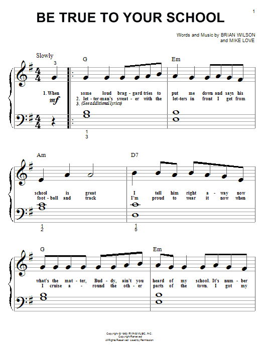 Preview The Beach Boys Be True To Your School Rock sheet music, notes and chords for Piano (Big Notes), SKU: 19540 sheet music, piano notes, chords, guitar tabs, score, transpose, transcribe, how to play, guide, download, learn, tutorial, progression, song, artist, awards, billboard, mtv, vh1, tour, single, album, release