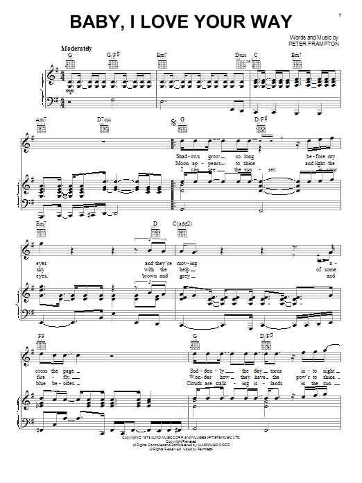 Preview Peter Frampton Baby, I Love Your Way Pop sheet music, notes and chords for Piano, Vocal & Guitar (Right-Hand Melody), SKU: 19543 sheet music, piano notes, chords, guitar tabs, score, transpose, transcribe, how to play, guide, download, learn, tutorial, progression, song, artist, awards, billboard, mtv, vh1, tour, single, album, release