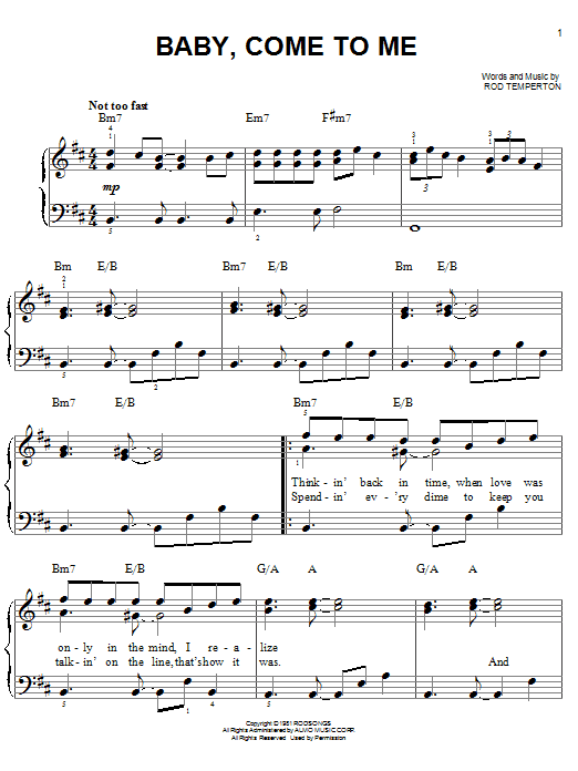 Preview Patti Austin with James Ingram Baby, Come To Me Pop sheet music, notes and chords for Easy Piano, SKU: 19544 sheet music, piano notes, chords, guitar tabs, score, transpose, transcribe, how to play, guide, download, learn, tutorial, progression, song, artist, awards, billboard, mtv, vh1, tour, single, album, release