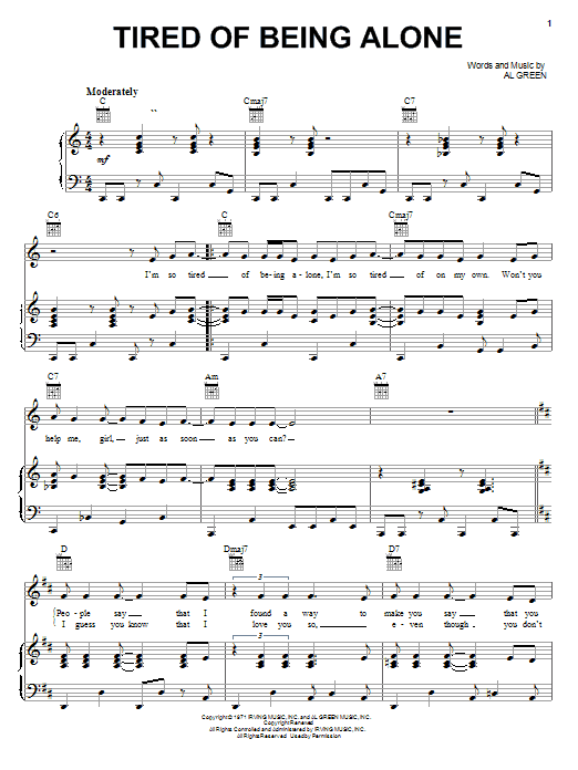 Preview Al Green Tired Of Being Alone Pop sheet music, notes and chords for Piano, Vocal & Guitar (Right-Hand Melody), SKU: 19547 sheet music, piano notes, chords, guitar tabs, score, transpose, transcribe, how to play, guide, download, learn, tutorial, progression, song, artist, awards, billboard, mtv, vh1, tour, single, album, release