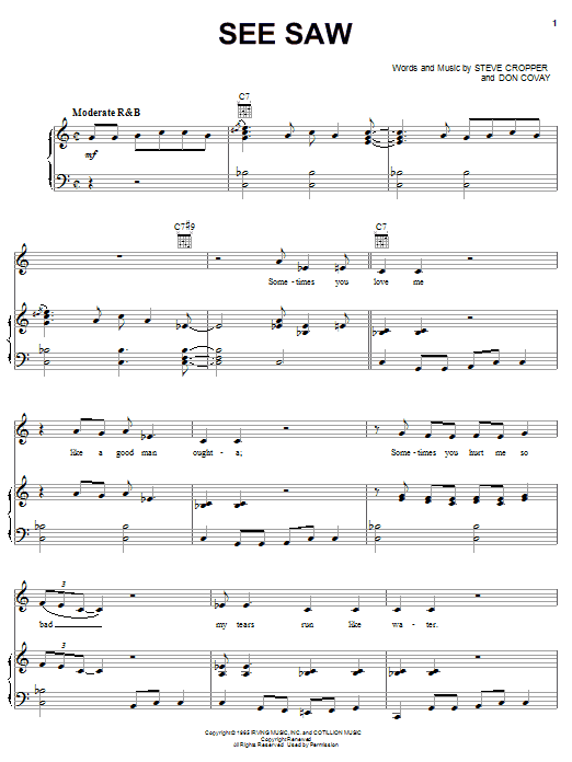 Preview Aretha Franklin See Saw Soul sheet music, notes and chords for Piano, Vocal & Guitar (Right-Hand Melody), SKU: 19552 sheet music, piano notes, chords, guitar tabs, score, transpose, transcribe, how to play, guide, download, learn, tutorial, progression, song, artist, awards, billboard, mtv, vh1, tour, single, album, release