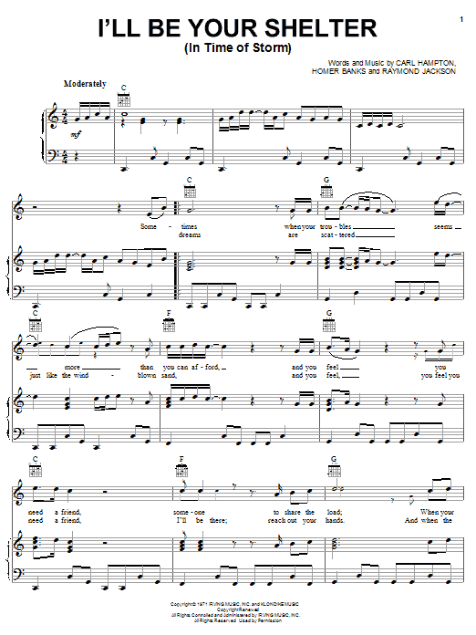 Preview Luther Ingram I'll Be Your Shelter (In Time Of Storm) R & B sheet music, notes and chords for Piano, Vocal & Guitar (Right-Hand Melody), SKU: 19554 sheet music, piano notes, chords, guitar tabs, score, transpose, transcribe, how to play, guide, download, learn, tutorial, progression, song, artist, awards, billboard, mtv, vh1, tour, single, album, release