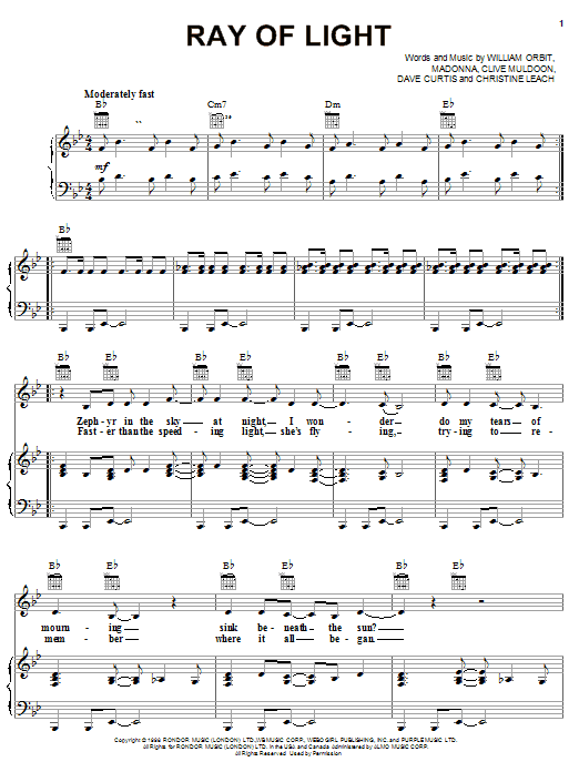 Preview Madonna Ray Of Light Pop sheet music, notes and chords for Piano, Vocal & Guitar (Right-Hand Melody), SKU: 19557 sheet music, piano notes, chords, guitar tabs, score, transpose, transcribe, how to play, guide, download, learn, tutorial, progression, song, artist, awards, billboard, mtv, vh1, tour, single, album, release
