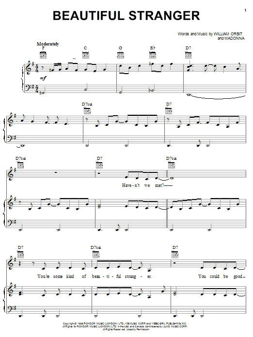Preview Madonna Beautiful Stranger Pop sheet music, notes and chords for Piano, Vocal & Guitar (Right-Hand Melody), SKU: 19558 sheet music, piano notes, chords, guitar tabs, score, transpose, transcribe, how to play, guide, download, learn, tutorial, progression, song, artist, awards, billboard, mtv, vh1, tour, single, album, release