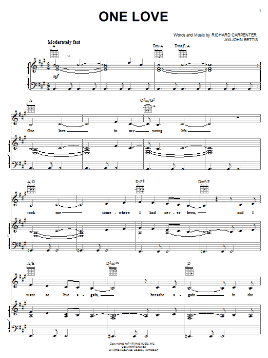 Preview Carpenters One Love Pop sheet music, notes and chords for Piano, Vocal & Guitar (Right-Hand Melody), SKU: 19563 sheet music, piano notes, chords, guitar tabs, score, transpose, transcribe, how to play, guide, download, learn, tutorial, progression, song, artist, awards, billboard, mtv, vh1, tour, single, album, release