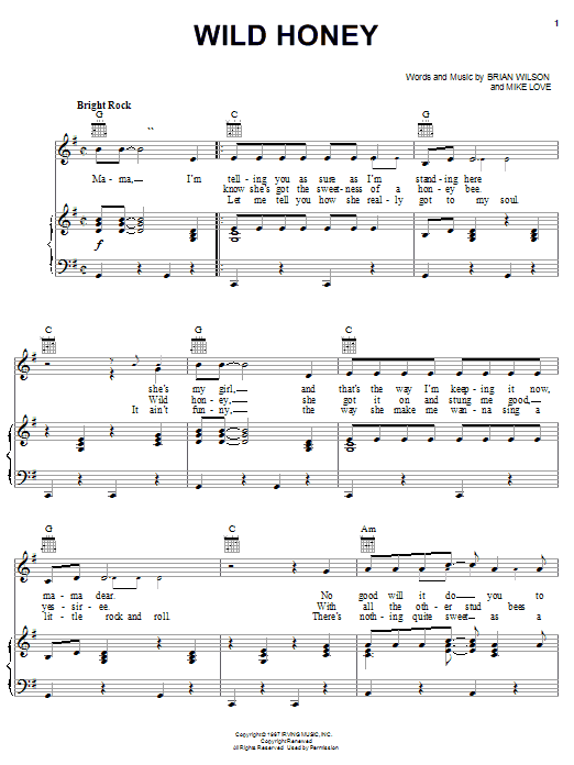 Preview The Beach Boys Wild Honey Rock sheet music, notes and chords for Piano, Vocal & Guitar (Right-Hand Melody), SKU: 19566 sheet music, piano notes, chords, guitar tabs, score, transpose, transcribe, how to play, guide, download, learn, tutorial, progression, song, artist, awards, billboard, mtv, vh1, tour, single, album, release