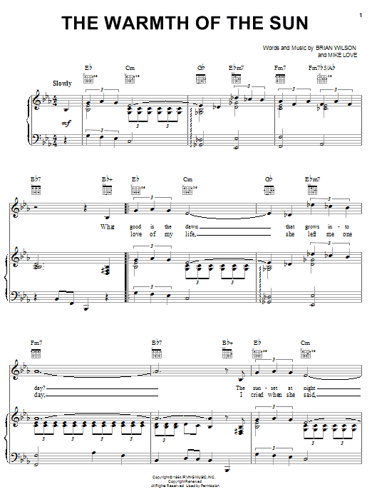 Preview The Beach Boys The Warmth Of The Sun Rock sheet music, notes and chords for Piano, Vocal & Guitar (Right-Hand Melody), SKU: 19567 sheet music, piano notes, chords, guitar tabs, score, transpose, transcribe, how to play, guide, download, learn, tutorial, progression, song, artist, awards, billboard, mtv, vh1, tour, single, album, release