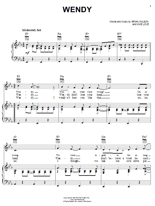 Preview The Beach Boys Wendy Rock sheet music, notes and chords for Piano, Vocal & Guitar (Right-Hand Melody), SKU: 19568 sheet music, piano notes, chords, guitar tabs, score, transpose, transcribe, how to play, guide, download, learn, tutorial, progression, song, artist, awards, billboard, mtv, vh1, tour, single, album, release
