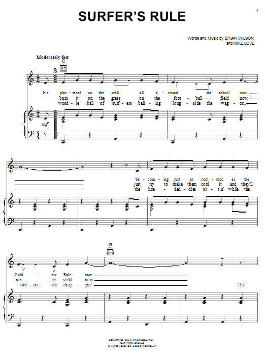 Preview The Beach Boys Surfer's Rule Rock sheet music, notes and chords for Piano, Vocal & Guitar (Right-Hand Melody), SKU: 19569 sheet music, piano notes, chords, guitar tabs, score, transpose, transcribe, how to play, guide, download, learn, tutorial, progression, song, artist, awards, billboard, mtv, vh1, tour, single, album, release