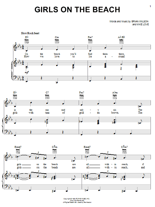 Preview The Beach Boys Girls On The Beach Rock sheet music, notes and chords for Piano, Vocal & Guitar (Right-Hand Melody), SKU: 19572 sheet music, piano notes, chords, guitar tabs, score, transpose, transcribe, how to play, guide, download, learn, tutorial, progression, song, artist, awards, billboard, mtv, vh1, tour, single, album, release