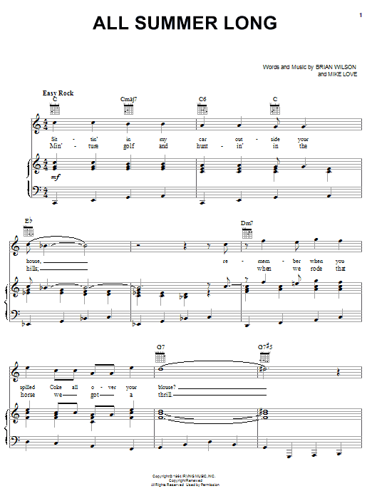 Preview The Beach Boys All Summer Long Rock sheet music, notes and chords for Piano, Vocal & Guitar (Right-Hand Melody), SKU: 19573 sheet music, piano notes, chords, guitar tabs, score, transpose, transcribe, how to play, guide, download, learn, tutorial, progression, song, artist, awards, billboard, mtv, vh1, tour, single, album, release
