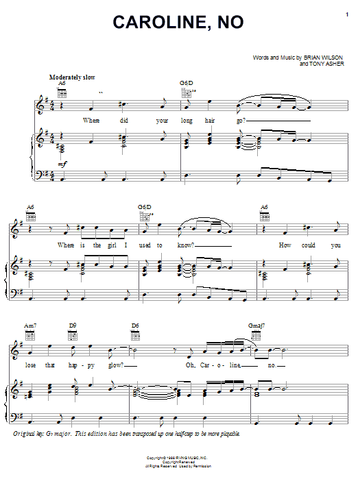 Preview The Beach Boys Caroline, No Pop sheet music, notes and chords for Piano, Vocal & Guitar (Right-Hand Melody), SKU: 19574 sheet music, piano notes, chords, guitar tabs, score, transpose, transcribe, how to play, guide, download, learn, tutorial, progression, song, artist, awards, billboard, mtv, vh1, tour, single, album, release