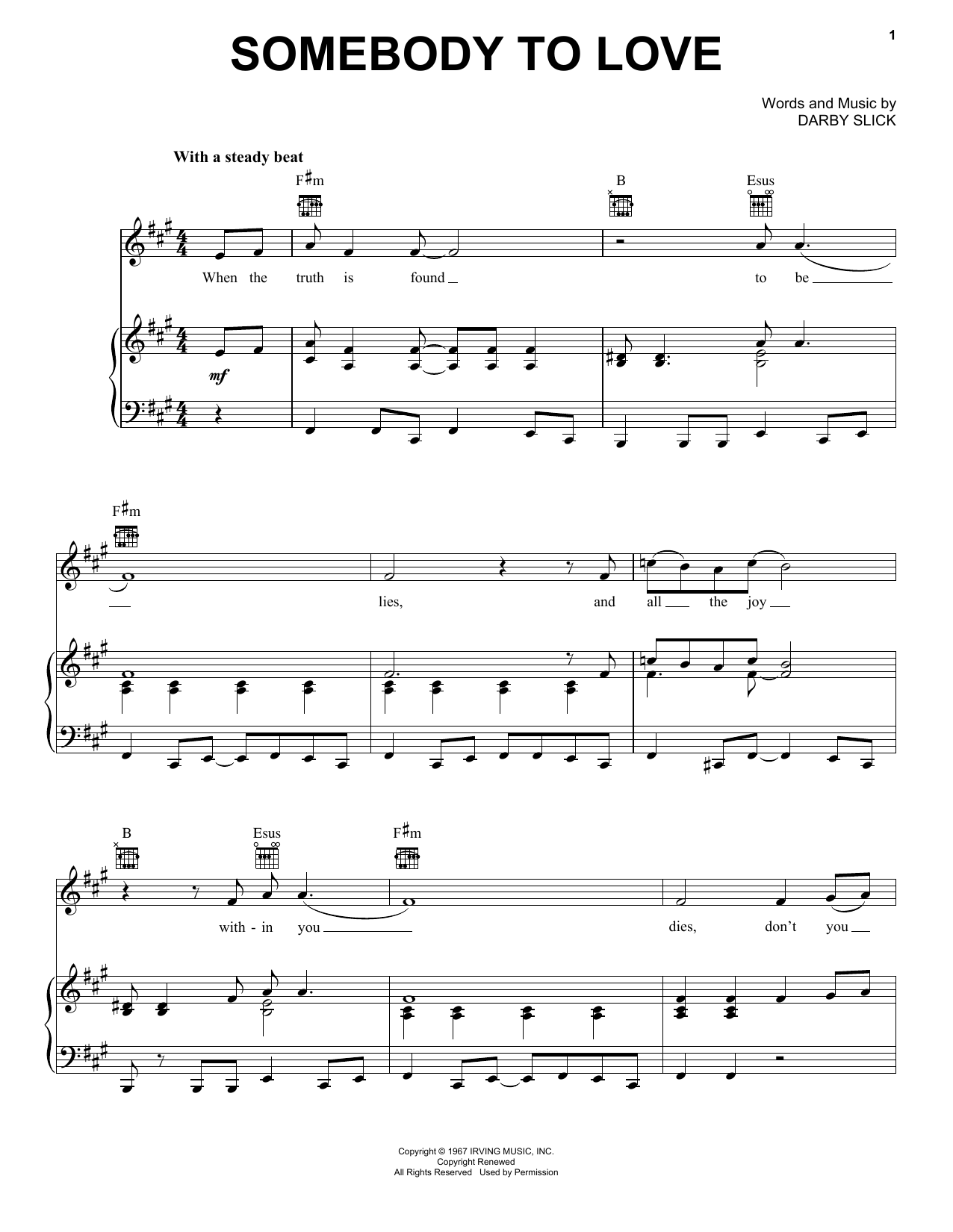 Preview Jefferson Airplane Somebody To Love Pop sheet music, notes and chords for Piano, Vocal & Guitar (Right-Hand Melody), SKU: 19576 sheet music, piano notes, chords, guitar tabs, score, transpose, transcribe, how to play, guide, download, learn, tutorial, progression, song, artist, awards, billboard, mtv, vh1, tour, single, album, release