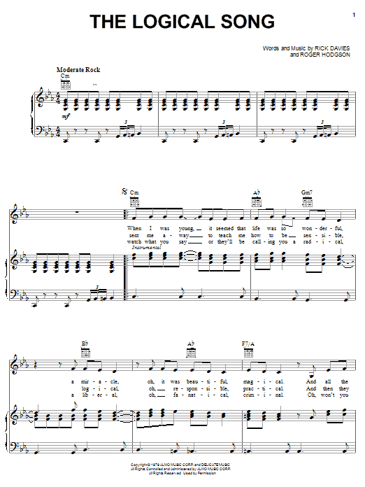 Preview Supertramp The Logical Song Rock sheet music, notes and chords for Piano, Vocal & Guitar (Right-Hand Melody), SKU: 19578 sheet music, piano notes, chords, guitar tabs, score, transpose, transcribe, how to play, guide, download, learn, tutorial, progression, song, artist, awards, billboard, mtv, vh1, tour, single, album, release