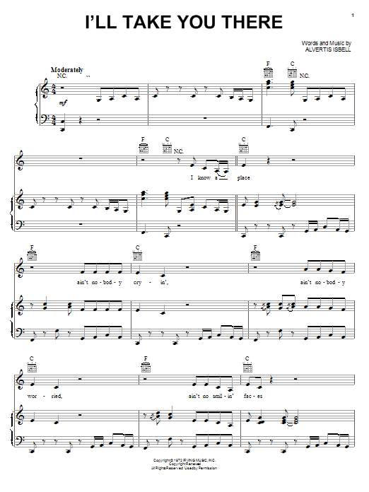 Preview The Staple Singers I'll Take You There Pop sheet music, notes and chords for Piano, Vocal & Guitar (Right-Hand Melody), SKU: 19584 sheet music, piano notes, chords, guitar tabs, score, transpose, transcribe, how to play, guide, download, learn, tutorial, progression, song, artist, awards, billboard, mtv, vh1, tour, single, album, release