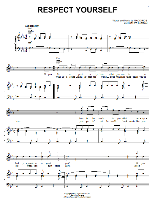 Preview The Staple Singers Respect Yourself Rock sheet music, notes and chords for Piano, Vocal & Guitar (Right-Hand Melody), SKU: 19586 sheet music, piano notes, chords, guitar tabs, score, transpose, transcribe, how to play, guide, download, learn, tutorial, progression, song, artist, awards, billboard, mtv, vh1, tour, single, album, release