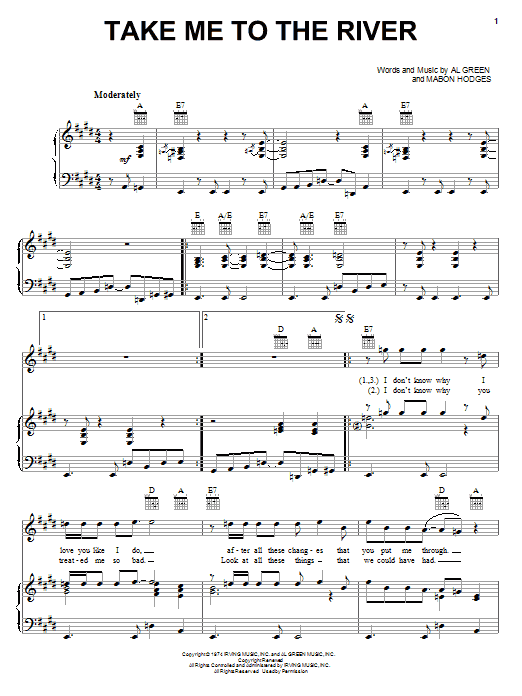 Preview Al Green Take Me To The River Pop sheet music, notes and chords for Piano, Vocal & Guitar (Right-Hand Melody), SKU: 19589 sheet music, piano notes, chords, guitar tabs, score, transpose, transcribe, how to play, guide, download, learn, tutorial, progression, song, artist, awards, billboard, mtv, vh1, tour, single, album, release