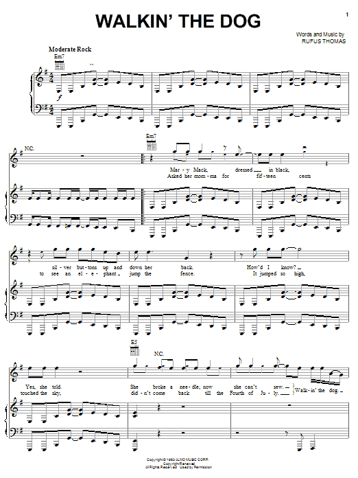 Preview Rufus Thomas Walkin' The Dog Rock sheet music, notes and chords for Piano, Vocal & Guitar (Right-Hand Melody), SKU: 19590 sheet music, piano notes, chords, guitar tabs, score, transpose, transcribe, how to play, guide, download, learn, tutorial, progression, song, artist, awards, billboard, mtv, vh1, tour, single, album, release
