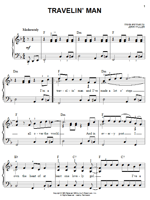 Preview Ricky Nelson Travelin' Man Pop sheet music, notes and chords for Easy Piano, SKU: 19593 sheet music, piano notes, chords, guitar tabs, score, transpose, transcribe, how to play, guide, download, learn, tutorial, progression, song, artist, awards, billboard, mtv, vh1, tour, single, album, release