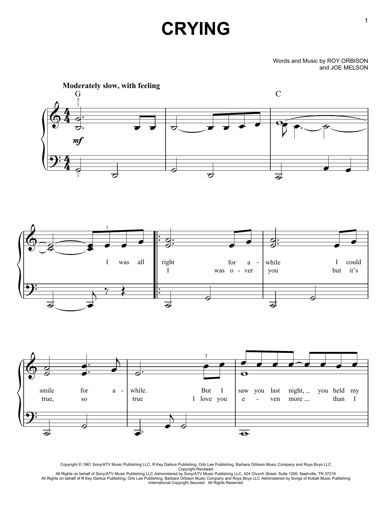 Preview Roy Orbison Crying Folk sheet music, notes and chords for Easy Piano, SKU: 19595 sheet music, piano notes, chords, guitar tabs, score, transpose, transcribe, how to play, guide, download, learn, tutorial, progression, song, artist, awards, billboard, mtv, vh1, tour, single, album, release