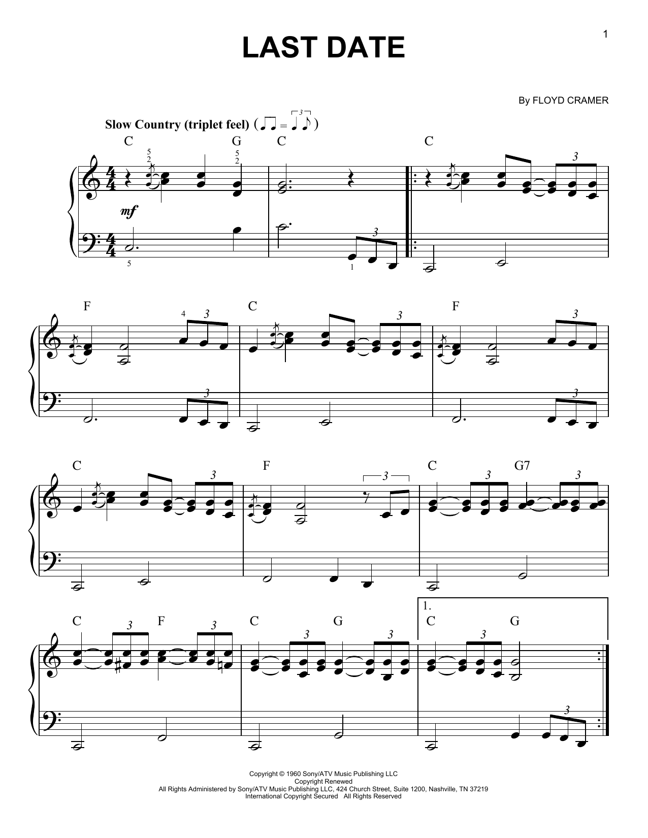 Preview Floyd Cramer Last Date Country sheet music, notes and chords for Easy Piano, SKU: 19596 sheet music, piano notes, chords, guitar tabs, score, transpose, transcribe, how to play, guide, download, learn, tutorial, progression, song, artist, awards, billboard, mtv, vh1, tour, single, album, release