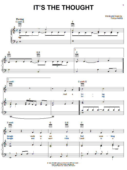 Preview Twila Paris It's The Thought Religious sheet music, notes and chords for Piano, Vocal & Guitar (Right-Hand Melody), SKU: 19601 sheet music, piano notes, chords, guitar tabs, score, transpose, transcribe, how to play, guide, download, learn, tutorial, progression, song, artist, awards, billboard, mtv, vh1, tour, single, album, release