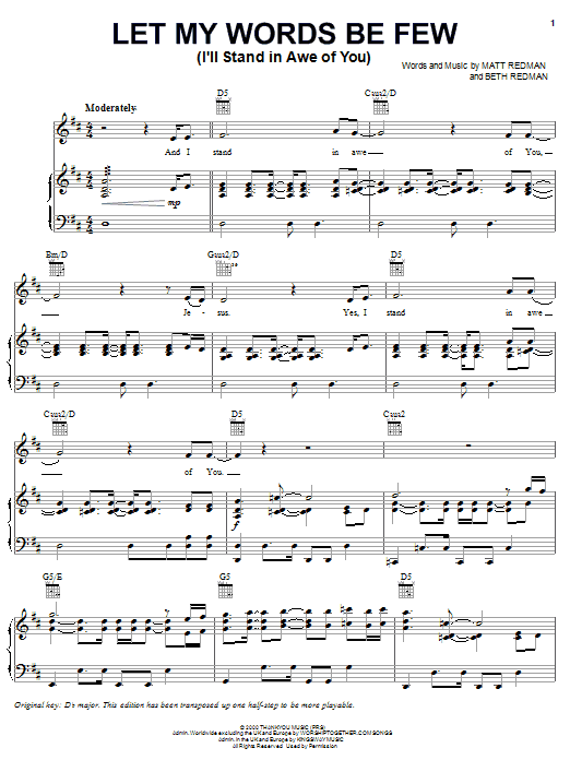 Preview Phillips, Craig & Dean Let My Words Be Few (I'll Stand In Awe Of You) Pop sheet music, notes and chords for Piano, Vocal & Guitar (Right-Hand Melody), SKU: 19604 sheet music, piano notes, chords, guitar tabs, score, transpose, transcribe, how to play, guide, download, learn, tutorial, progression, song, artist, awards, billboard, mtv, vh1, tour, single, album, release