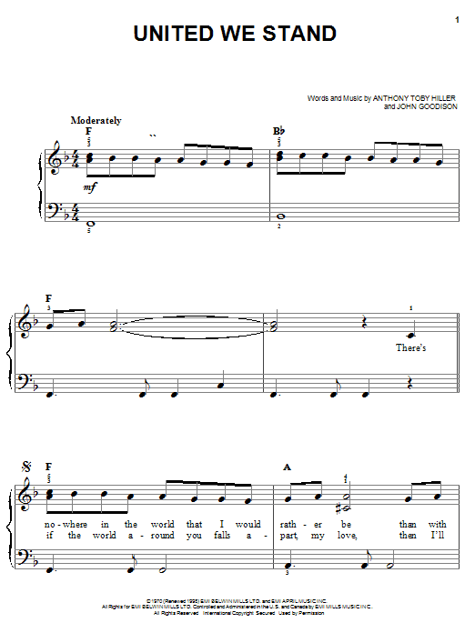 Preview Brotherhood Of Man United We Stand Religious sheet music, notes and chords for Easy Piano, SKU: 19608 sheet music, piano notes, chords, guitar tabs, score, transpose, transcribe, how to play, guide, download, learn, tutorial, progression, song, artist, awards, billboard, mtv, vh1, tour, single, album, release