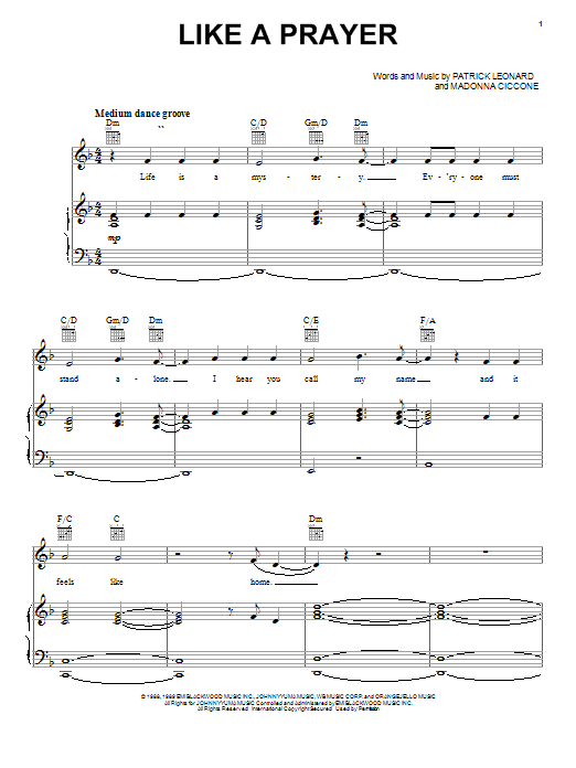 Preview Madonna Like A Prayer Pop sheet music, notes and chords for Piano, Vocal & Guitar (Right-Hand Melody), SKU: 19612 sheet music, piano notes, chords, guitar tabs, score, transpose, transcribe, how to play, guide, download, learn, tutorial, progression, song, artist, awards, billboard, mtv, vh1, tour, single, album, release