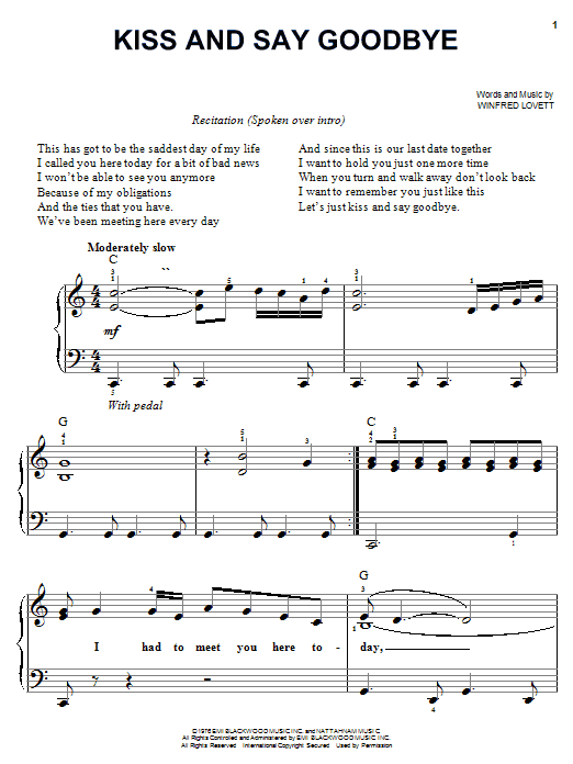 Preview The Manhattans Kiss And Say Goodbye Pop sheet music, notes and chords for Easy Piano, SKU: 19613 sheet music, piano notes, chords, guitar tabs, score, transpose, transcribe, how to play, guide, download, learn, tutorial, progression, song, artist, awards, billboard, mtv, vh1, tour, single, album, release