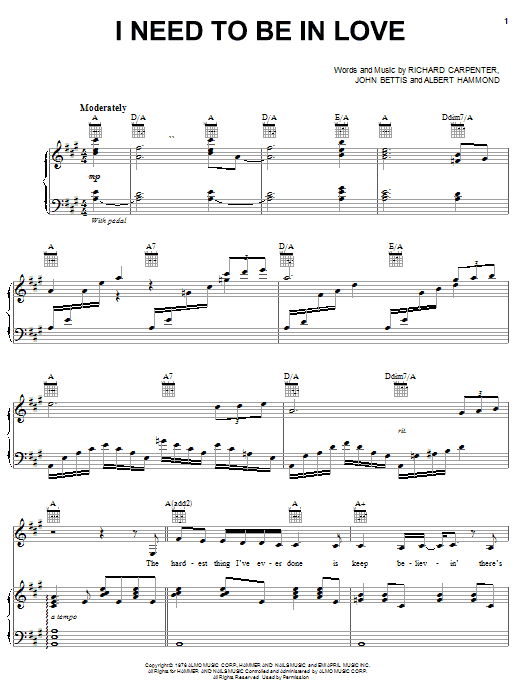 Preview Carpenters I Need To Be In Love Pop sheet music, notes and chords for Piano, Vocal & Guitar (Right-Hand Melody), SKU: 19615 sheet music, piano notes, chords, guitar tabs, score, transpose, transcribe, how to play, guide, download, learn, tutorial, progression, song, artist, awards, billboard, mtv, vh1, tour, single, album, release