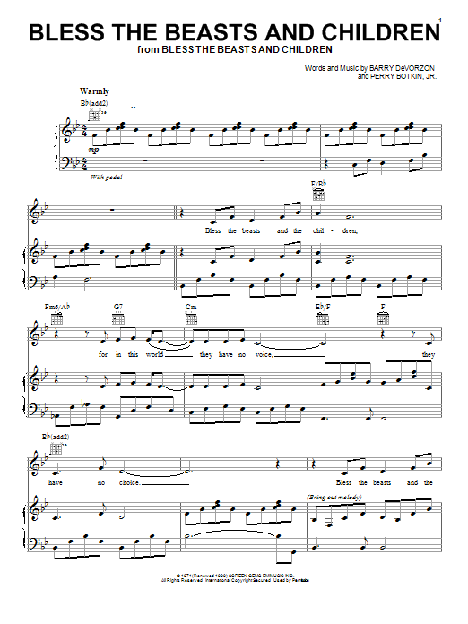 Preview Carpenters Bless The Beasts And Children Pop sheet music, notes and chords for Piano, Vocal & Guitar (Right-Hand Melody), SKU: 19618 sheet music, piano notes, chords, guitar tabs, score, transpose, transcribe, how to play, guide, download, learn, tutorial, progression, song, artist, awards, billboard, mtv, vh1, tour, single, album, release