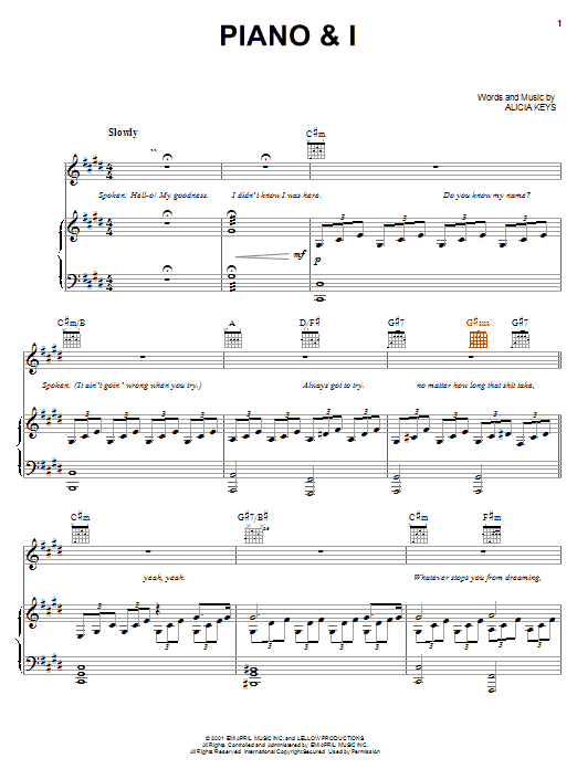 Preview Alicia Keys Piano & I Pop sheet music, notes and chords for Piano, Vocal & Guitar (Right-Hand Melody), SKU: 19619 sheet music, piano notes, chords, guitar tabs, score, transpose, transcribe, how to play, guide, download, learn, tutorial, progression, song, artist, awards, billboard, mtv, vh1, tour, single, album, release