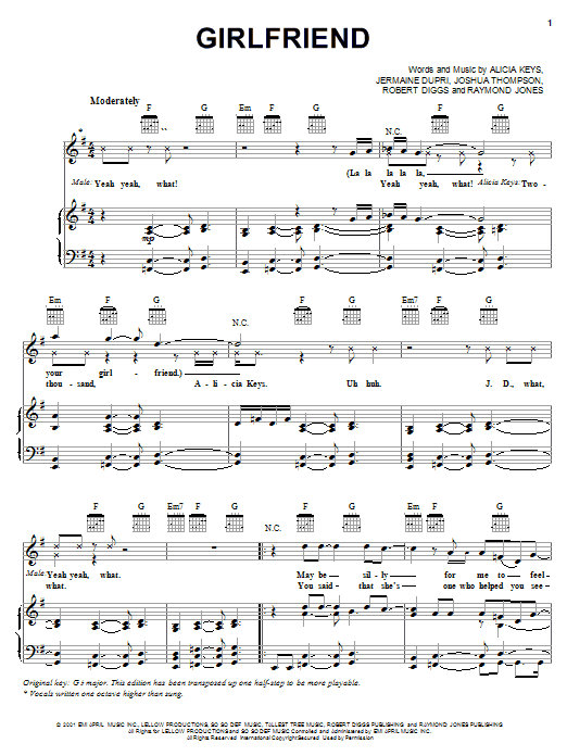 Preview Alicia Keys Girlfriend Pop sheet music, notes and chords for Piano, Vocal & Guitar (Right-Hand Melody), SKU: 19624 sheet music, piano notes, chords, guitar tabs, score, transpose, transcribe, how to play, guide, download, learn, tutorial, progression, song, artist, awards, billboard, mtv, vh1, tour, single, album, release