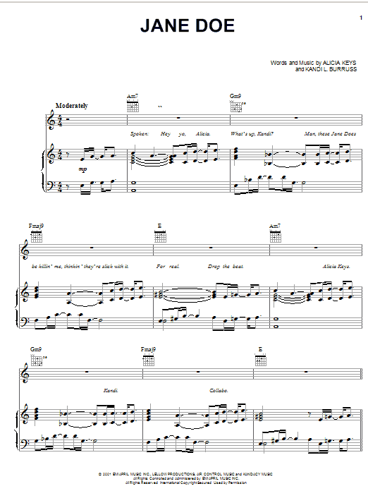 Preview Alicia Keys Jane Doe Pop sheet music, notes and chords for Piano, Vocal & Guitar (Right-Hand Melody), SKU: 19625 sheet music, piano notes, chords, guitar tabs, score, transpose, transcribe, how to play, guide, download, learn, tutorial, progression, song, artist, awards, billboard, mtv, vh1, tour, single, album, release