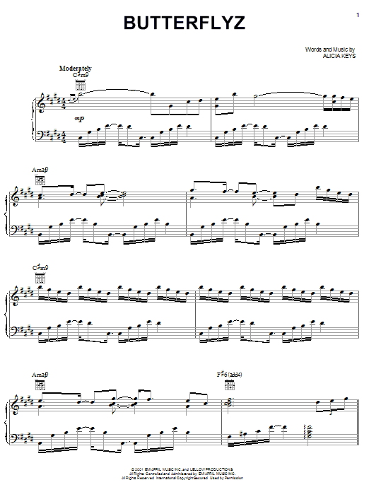 Preview Alicia Keys Butterflyz Pop sheet music, notes and chords for Piano, Vocal & Guitar (Right-Hand Melody), SKU: 19629 sheet music, piano notes, chords, guitar tabs, score, transpose, transcribe, how to play, guide, download, learn, tutorial, progression, song, artist, awards, billboard, mtv, vh1, tour, single, album, release