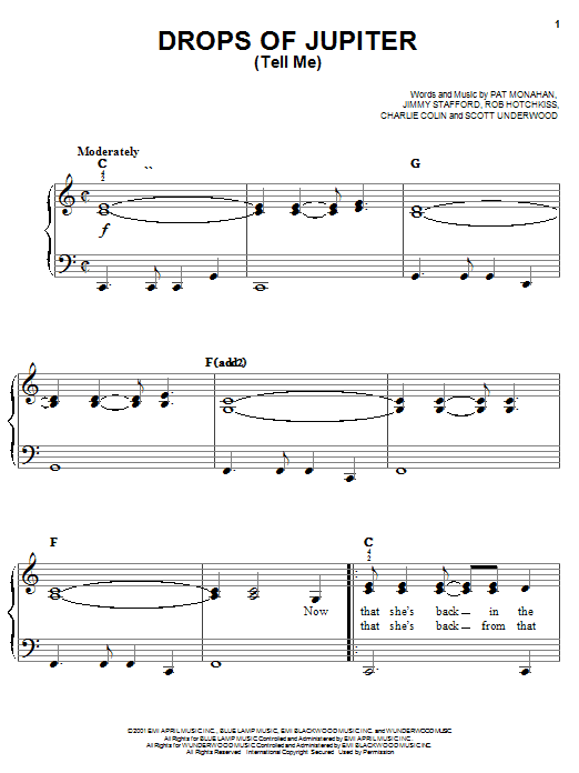 Preview Train Drops Of Jupiter (Tell Me) Rock sheet music, notes and chords for Easy Piano, SKU: 19636 sheet music, piano notes, chords, guitar tabs, score, transpose, transcribe, how to play, guide, download, learn, tutorial, progression, song, artist, awards, billboard, mtv, vh1, tour, single, album, release