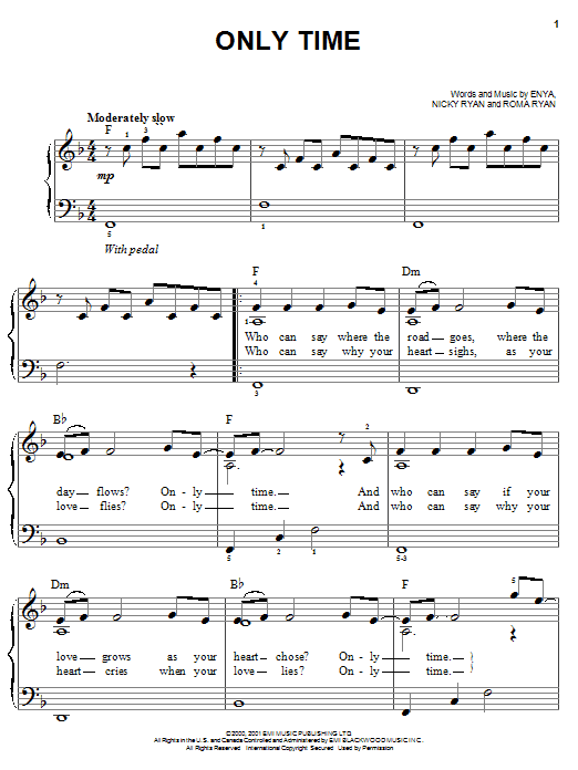 Preview Enya Only Time Pop sheet music, notes and chords for Easy Piano, SKU: 19637 sheet music, piano notes, chords, guitar tabs, score, transpose, transcribe, how to play, guide, download, learn, tutorial, progression, song, artist, awards, billboard, mtv, vh1, tour, single, album, release