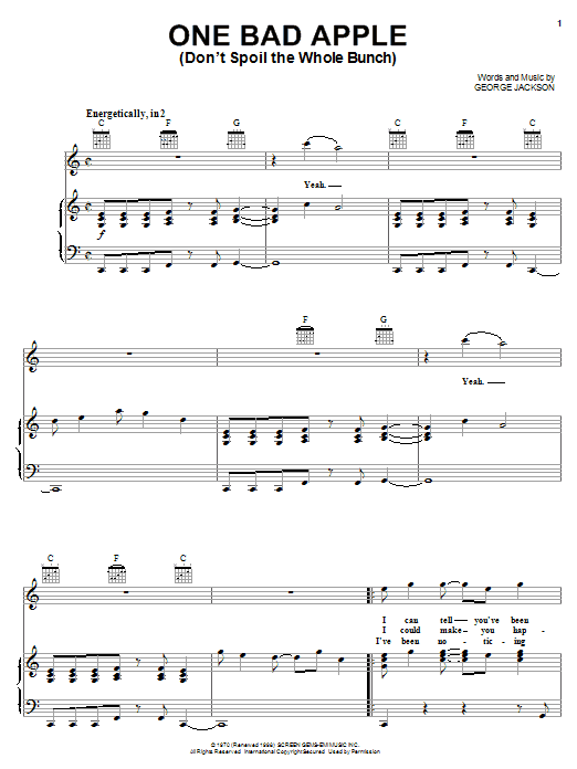 Preview The Jackson 5 One Bad Apple (Don't Spoil The Whole Bunch) Rock sheet music, notes and chords for Piano, Vocal & Guitar (Right-Hand Melody), SKU: 19638 sheet music, piano notes, chords, guitar tabs, score, transpose, transcribe, how to play, guide, download, learn, tutorial, progression, song, artist, awards, billboard, mtv, vh1, tour, single, album, release