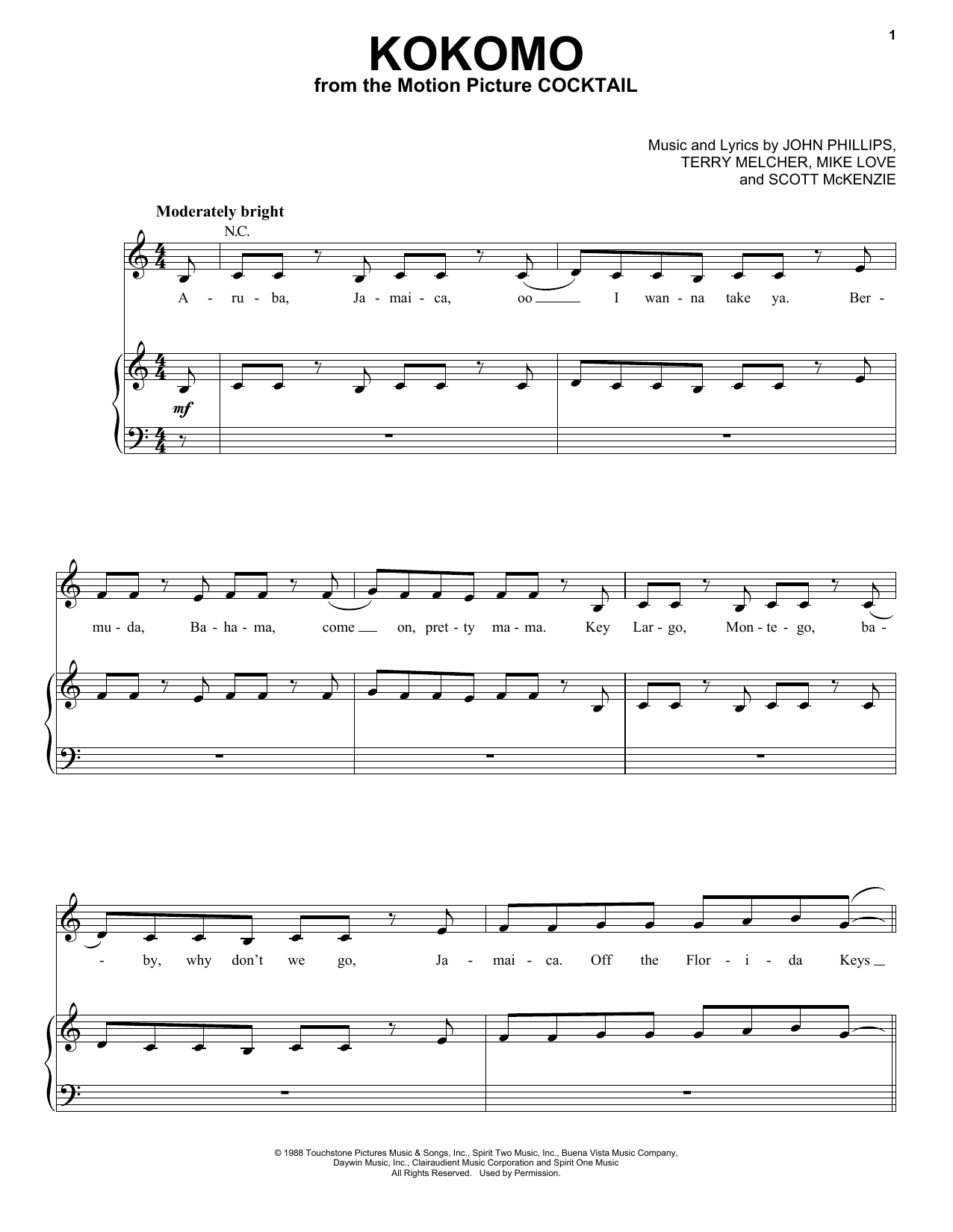 Preview The Beach Boys Kokomo Pop sheet music, notes and chords for Piano, Vocal & Guitar (Right-Hand Melody), SKU: 19639 sheet music, piano notes, chords, guitar tabs, score, transpose, transcribe, how to play, guide, download, learn, tutorial, progression, song, artist, awards, billboard, mtv, vh1, tour, single, album, release