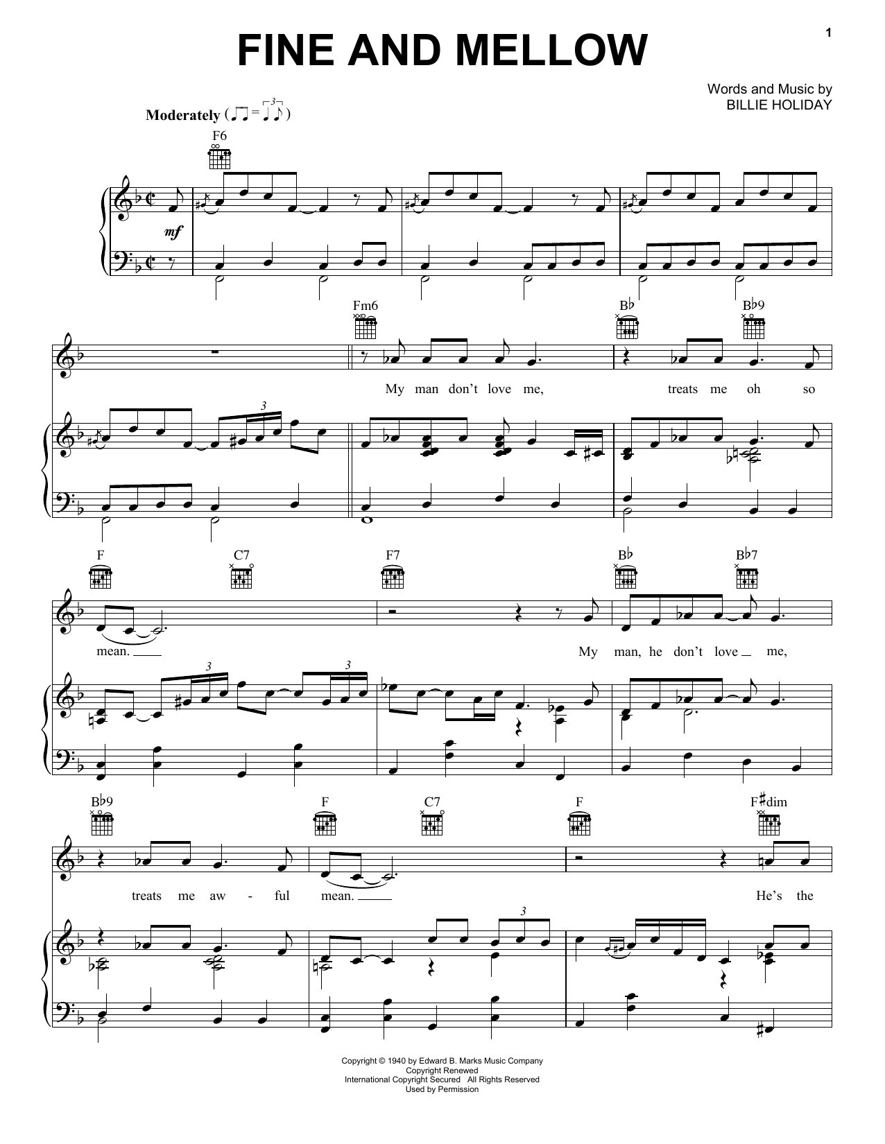 Preview Billie Holiday Fine And Mellow Folk sheet music, notes and chords for Piano, Vocal & Guitar (Right-Hand Melody), SKU: 19640 sheet music, piano notes, chords, guitar tabs, score, transpose, transcribe, how to play, guide, download, learn, tutorial, progression, song, artist, awards, billboard, mtv, vh1, tour, single, album, release