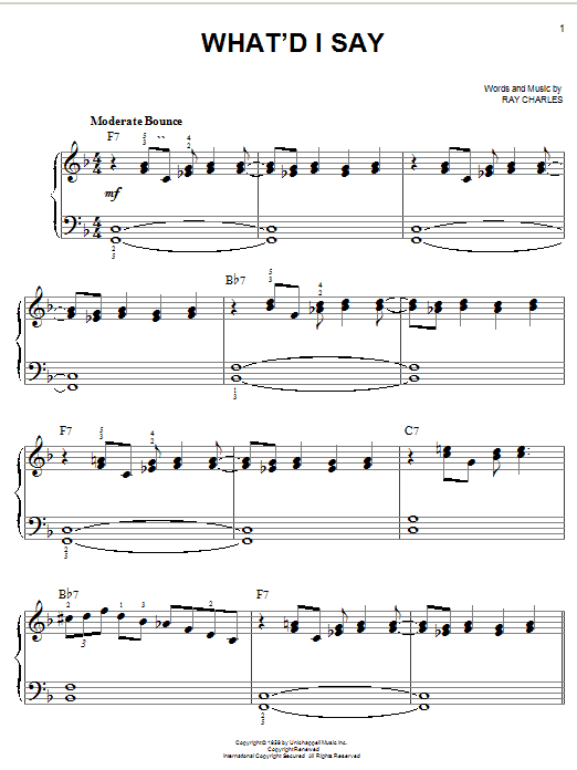 Preview Ray Charles What'd I Say Rock sheet music, notes and chords for Easy Piano, SKU: 19642 sheet music, piano notes, chords, guitar tabs, score, transpose, transcribe, how to play, guide, download, learn, tutorial, progression, song, artist, awards, billboard, mtv, vh1, tour, single, album, release