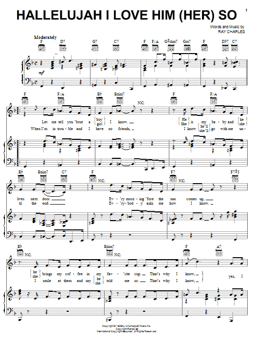 Preview Ray Charles Hallelujah I Love Him (Her) So Rock sheet music, notes and chords for Piano, Vocal & Guitar (Right-Hand Melody), SKU: 19643 sheet music, piano notes, chords, guitar tabs, score, transpose, transcribe, how to play, guide, download, learn, tutorial, progression, song, artist, awards, billboard, mtv, vh1, tour, single, album, release