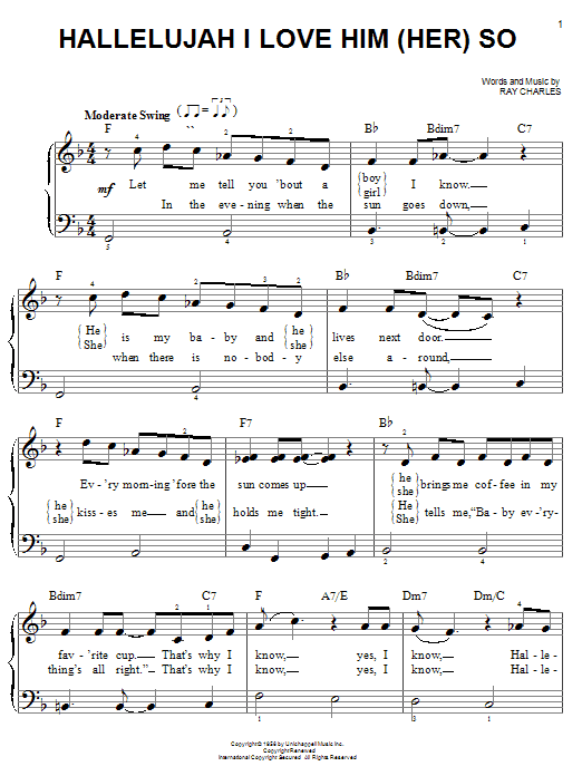 Preview Ray Charles Hallelujah I Love Him (Her) So Rock sheet music, notes and chords for Easy Piano, SKU: 19644 sheet music, piano notes, chords, guitar tabs, score, transpose, transcribe, how to play, guide, download, learn, tutorial, progression, song, artist, awards, billboard, mtv, vh1, tour, single, album, release